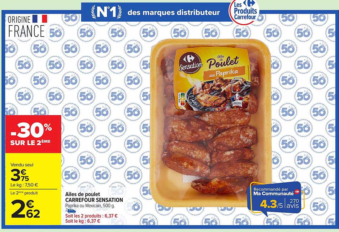 Ailes de poulet CARREFOUR SENSATION Paprika ou Mexicain, 500 g