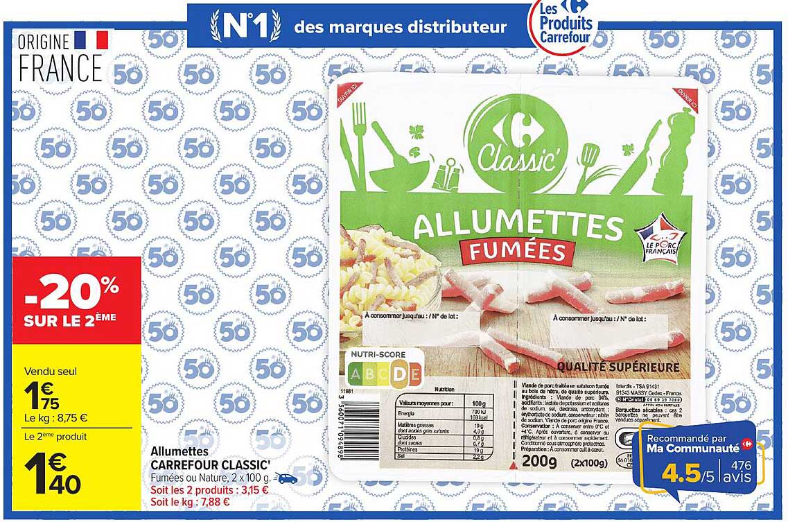 Allumettes CARREFOUR CLASSIC Fumées ou Nature, 2 x 100 g