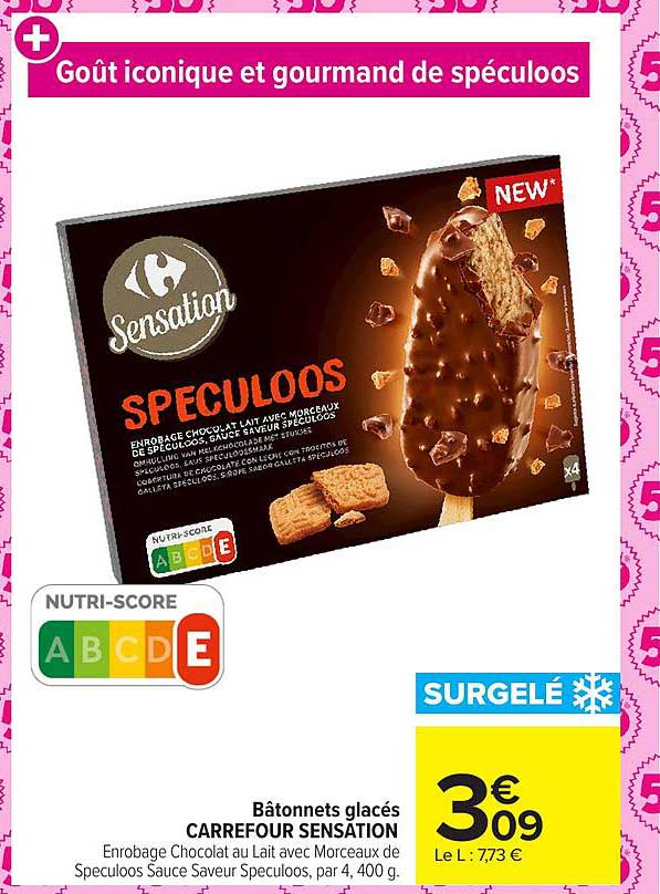 Bâtonnets glacés CARREFOUR SENSATION Enrobage Chocolat au Lait avec Morceaux de Speculoos Sauce Saveur Speculoos, par 4, 400 g
