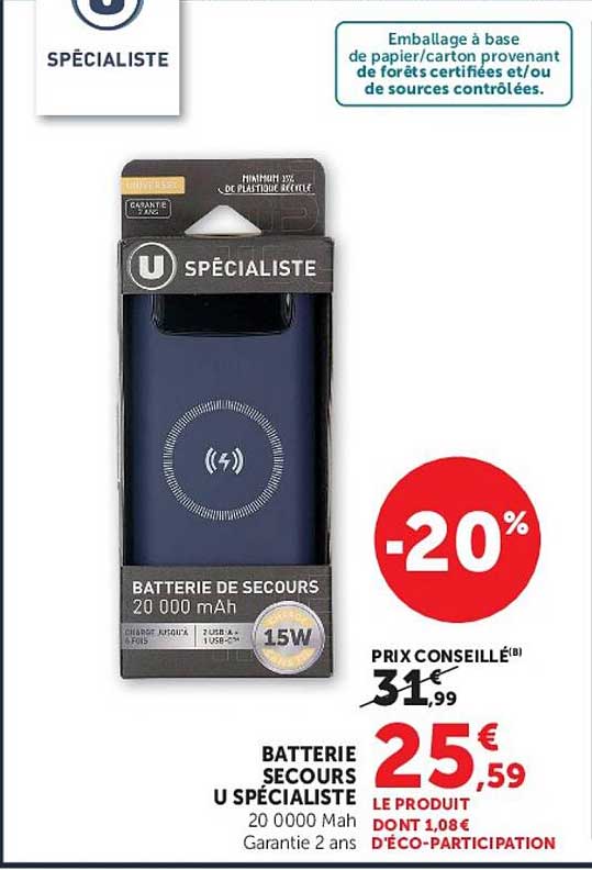 BATTERIE SECOURS U SPÉCIALISTE 20 000 Mah Garantie 2 ans