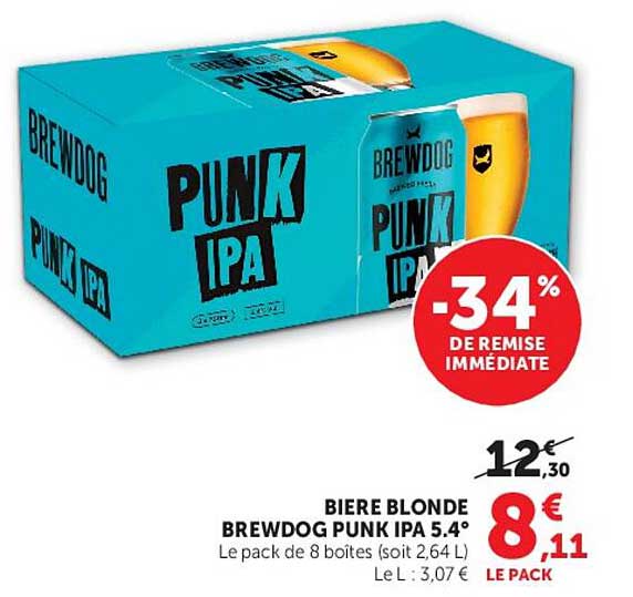 BIERE BLONDE BREWDOG PUNK IPA 5.4° Le pack de 8 boîtes (soit 2,64 L) Le L : 3,07 €