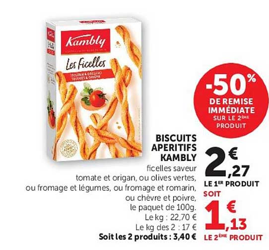 BISCUITS APERITIFS KAMBLY ficelles saveur tomate et origan, ou olives vertes, ou fromage et légumes, ou fromage et romarin, ou chèvre et poivre, le paquet de 100g