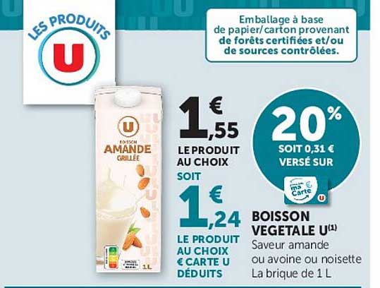BOISSON VEGETALE U(1) Saveur amande ou avoine ou noisette La brique de 1 L