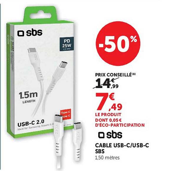 CABLE USB-C/USB-C SBS 1,50 mètres