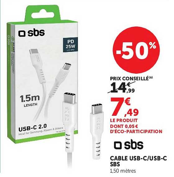 CABLE USB-C/USB-C SBS 1,50 mètres