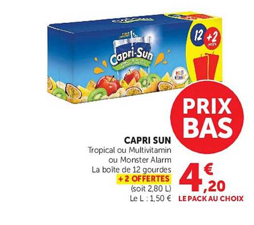 CAPRI SUN Tropical ou Multivitamin ou Monster Alarm La boîte de 12 gourdes +2 OFFERTES
