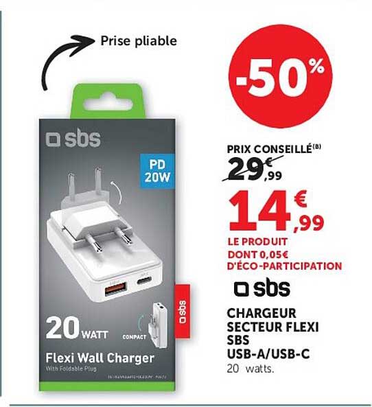 CHARGEUR SECTEUR FLEXI SBS USB-A/USB-C 20 watts.