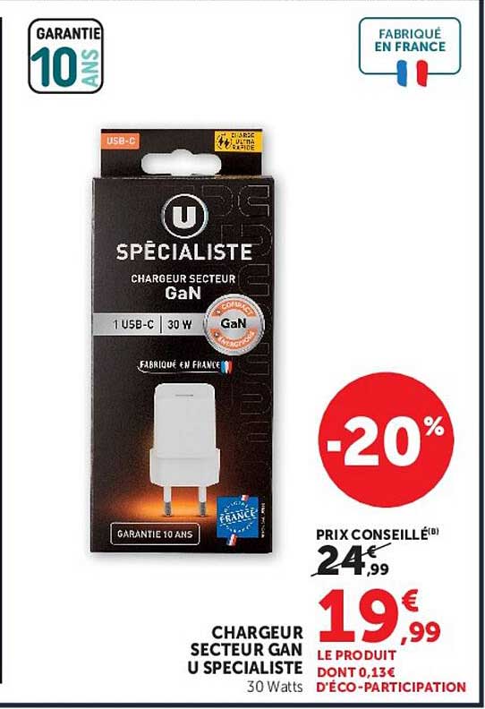 CHARGEUR SECTEUR GAN U SPECIALISTE 30 Watts