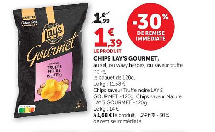 CHIPS LAY'S GOURMET, au sel, ou wavy herbes, ou saveur truffe noire, le paquet de 120g.