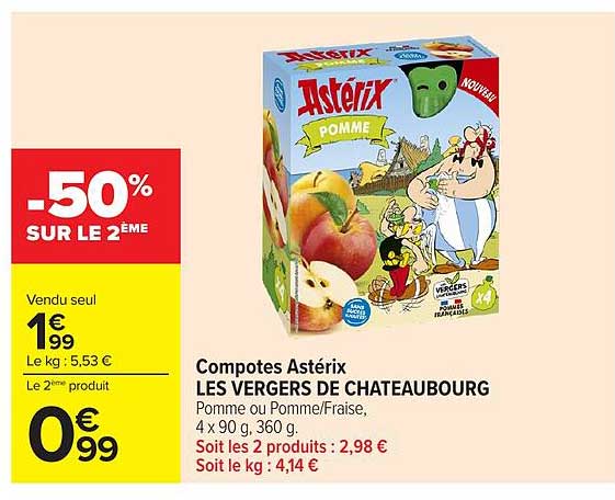 Compotes Astérix LES VERGERS DE CHATEAUBOURG Pomme/Fraise, 4 x 90 g, 360 g.