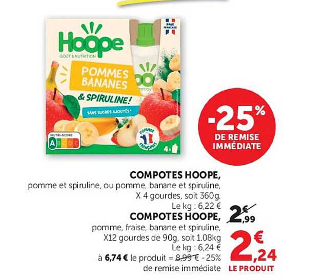 COMPOTES HOOPE, pomme et spiruline, ou pomme, banane et spiruline, X 4 gourdes, soit 360g. Le kg : 6,22 €