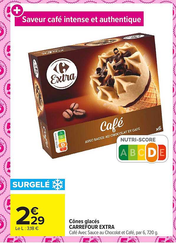 Cônes glacés CARREFOUR EXTRA Café Avec Sauce au Chocolat et Café, par 6, 720 g.