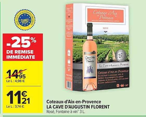 Coteaux-d'Aix-en-Provence LA CAVE D'AUGUSTIN FLORENT Rosé, Fontaine à vin 3L.