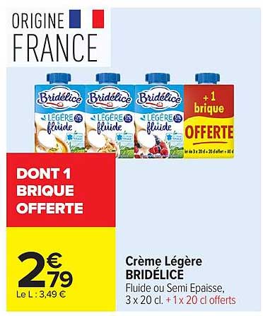 Crème Légère BRIDELICE Fluide ou Semi Epaisse, 3 x 20 cl + 1 x 20 cl offerts