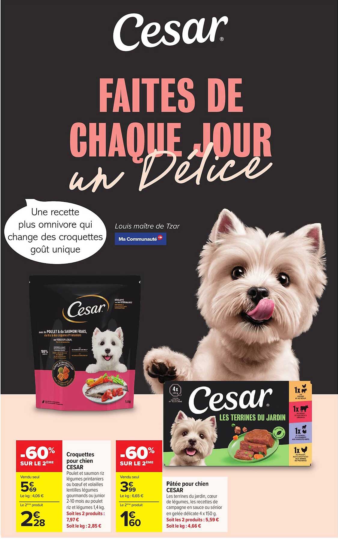 Croquettes pour chien CESAR Poulet et saumon riz légumes printaniers ou boeuf et volailles lentilles légumes gourmands ou junior 2-10 mois au poulet riz et légumes 1,4 kg