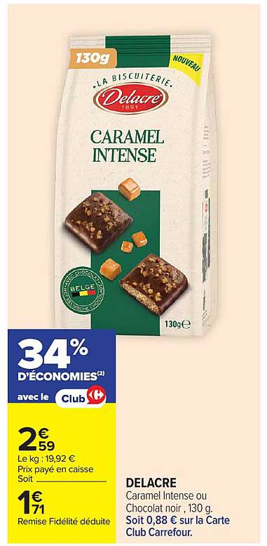 DELACRE Caramel Intense ou Chocolat noir, 130 g. Soit 0,88 € sur la Carte Club Carrefour.
