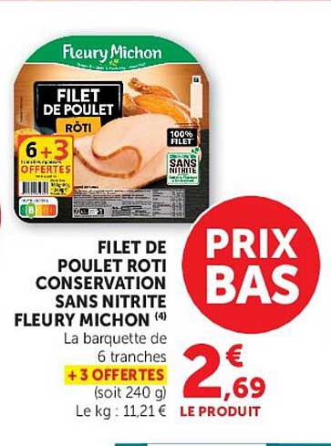 FILET DE POULET RÔTI CONSERVATION SANS NITRITE FLEURY MICHON
