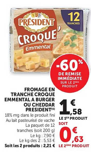 FROMAGE EN TRANCHE CROQUE EMMENTAL A BURGER OU CHEDDAR PRESIDENT(4)