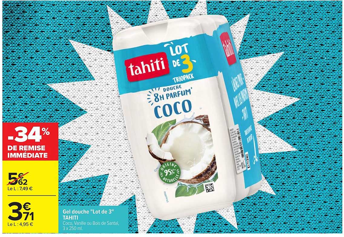 Gel douche "Lot de 3" TAHITI Coco, Vanille ou Bois de Santal, 3 x 250 ml