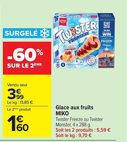 Glace aux fruits MIKO Twister Freeze ou Twister Monster, 4 x 288 g