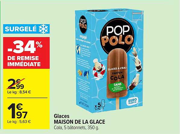 Glaces MAISON DE LA GLACE Cola, 5 bâtonnets, 350 g.