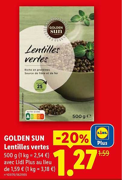 GOLDEN SUN Lentilles vertes 500 g (1 kg = 2,54 €) avec Lidl Plus au lieu de 1,59 € (1 kg = 3,18 €)