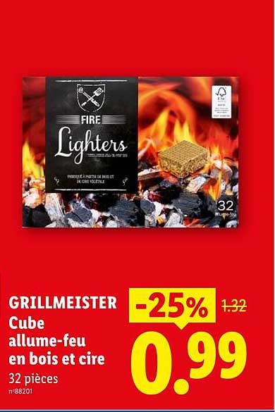 GRILLMEISTER Cube allume-feu en bois et cire 32 pièces