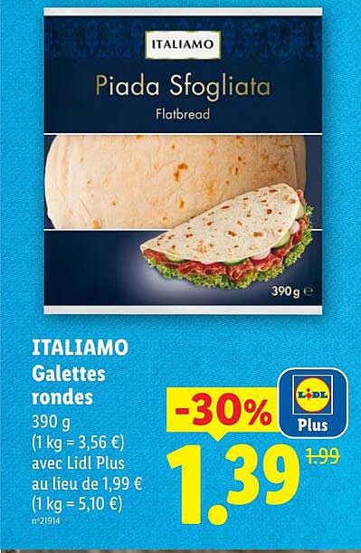 ITALIAMO Galettes rondes 390 g (1 kg = 3,56 €) avec Lidl Plus au lieu de 1,99 € (1 kg = 5,10 €)