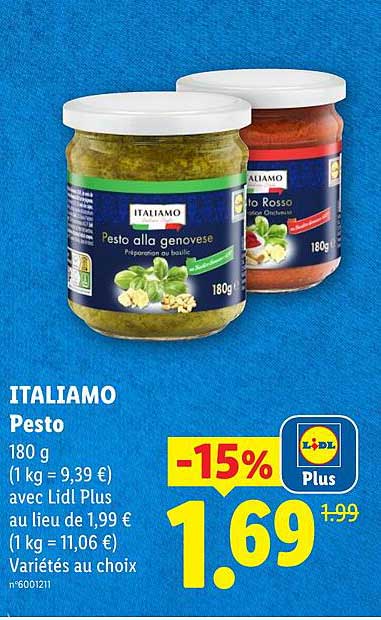 ITALIAMO Pesto 180 g (1 kg = 9,39 €) avec Lidl Plus au lieu de 1,99 € (1 kg = 11,06 €) Variétés au choix n°6001211