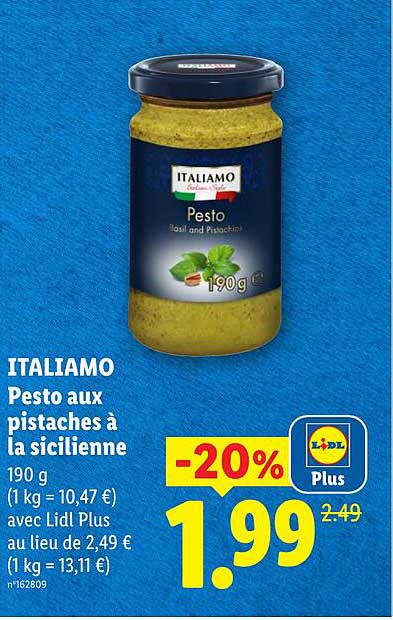 ITALIAMO Pesto aux pistaches à la sicilienne 190 g (1 kg = 10,47 €) avec Lidl Plus au lieu de 2,49 € (1 kg = 13,11 €) n°162809