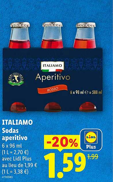 ITALIAMO Sodas aperitivo 6 x 96 ml (1L = 2,70 €) avec Lidl Plus au lieu de 1,99 € (1 L = 3,38 €)