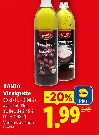 KANIA Vinaigrette 50 cl (1 L = 3,98 €) avec Lidl Plus au lieu de 2,49 € (1 L = 4,98 €) Variétés au choix