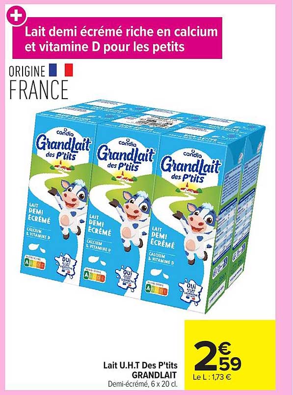 Lait demi écrémé riche en calcium et vitamine D pour les petits