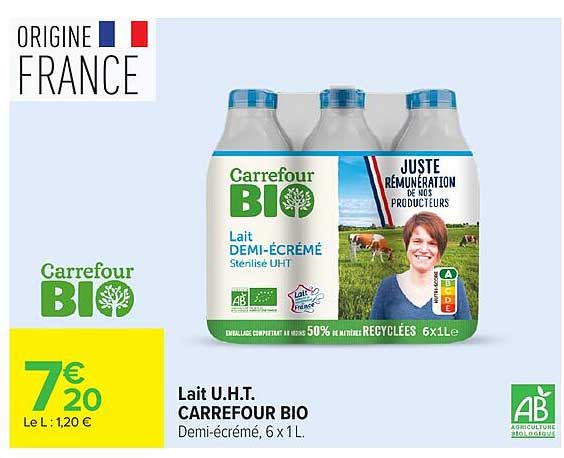 Lait U.H.T. CARREFOUR BIO Demi-écrémé, 6 x 1 L.