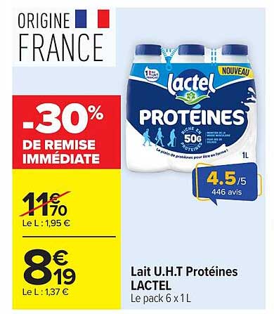 Lait U.H.T Protéines LACTEL - Le pack 6 x 1L