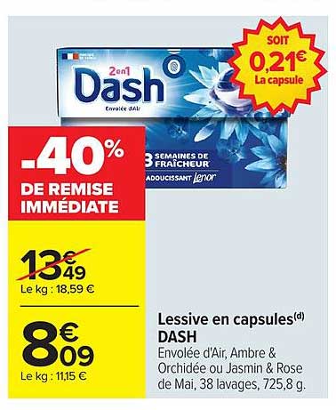 Lessive en capsules DASH Envolée d'Air, Ambre & Orchidée ou Jasmin & Rose de Mai, 38 lavages, 725,8 g.