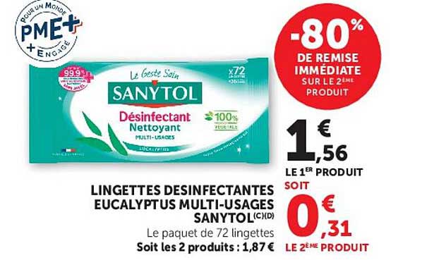 LINGETTES DESINFECTANTES EUCALYPTUS MULTI-USAGES SANYTOL(C)(D)