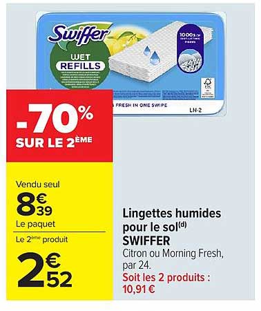 Lingettes humides pour le sol(d) SWIFFER Citron ou Morning Fresh, par 24. Soit les 2 produits : 10,91 €