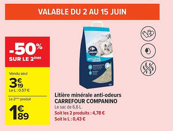 Litière minérale anti-odeurs CARREFOUR COMPANINO