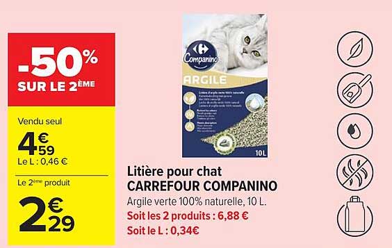 Litière pour chat CARREFOUR COMPANINO Argile verte 100% naturelle, 10 L.