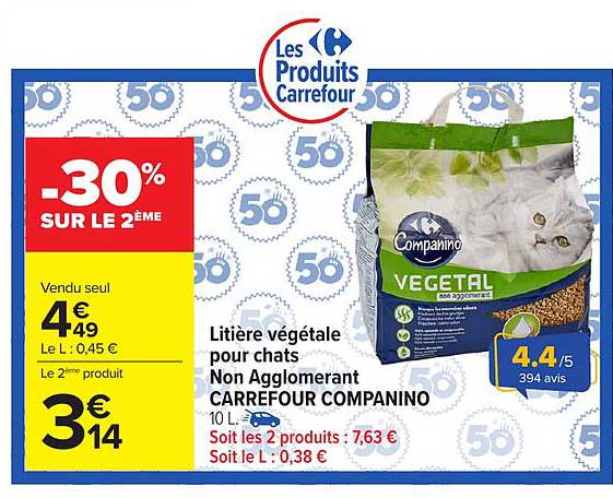 Litière végétale pour chats Non Agglomérant CARREFOUR COMPANINO