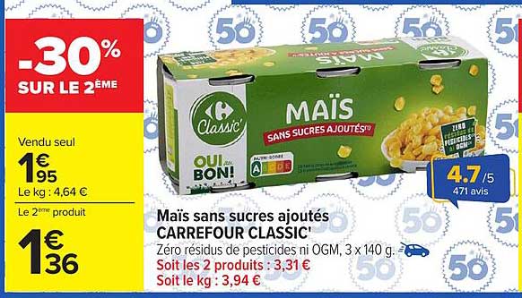 Maïs sans sucres ajoutés CARREFOUR CLASSIC'