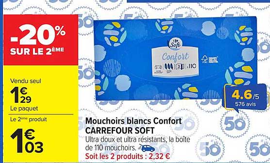Mouchoirs blancs Confort CARREFOUR SOFT