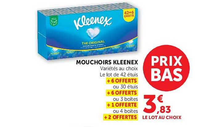 MOUCHOIRS KLEENEX Variétés au choix Le lot de 42 étuis + 6 OFFERTS OU 30 étuis + 6 OFFERTS ou 3 boîtes + 1 OFFERT ou 4 boîtes + 2 OFFERTES