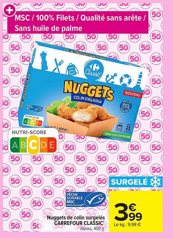 Nuggets de colin surgelés CARREFOUR CLASSIC' Alaska, 400 g.