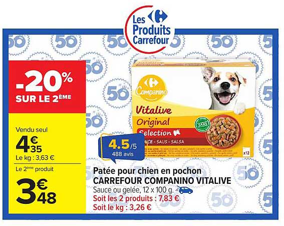 Patée pour chien en pochon CARREFOUR COMPANINO VITALIVE