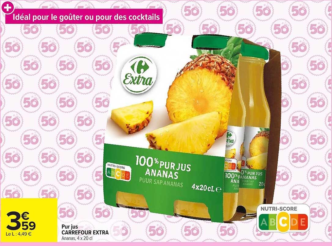 Pur jus CARREFOUR EXTRA Ananas, 4 x 20 cl