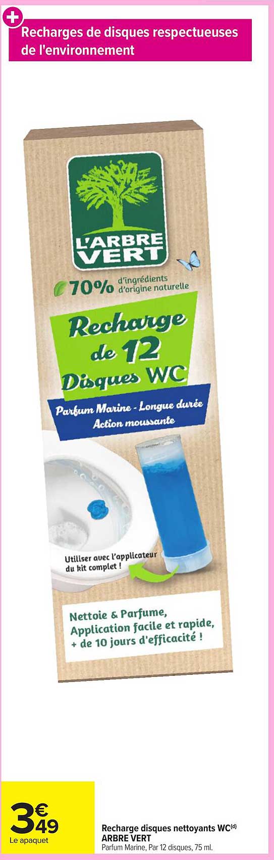 Recharge disques nettoyants WC(d) ARBRE VERT Parfum Marine, Par 12 disques, 75 ml.
