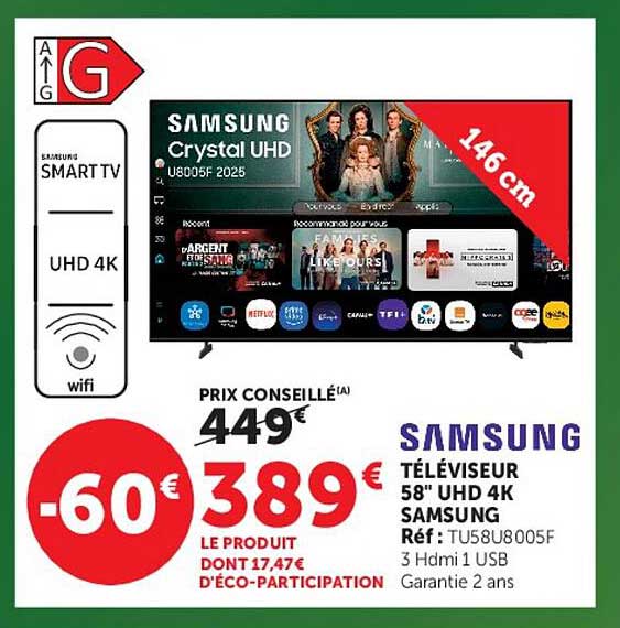 SAMSUNG TÉLÉVISEUR 58" UHD 4K SAMSUNG Réf : TU58U8005F