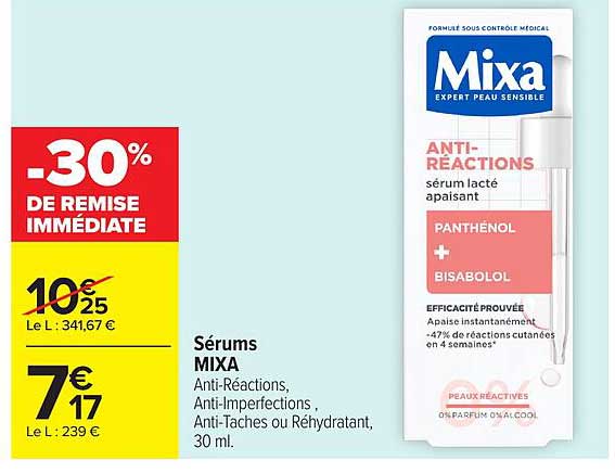 Sérums MIXA Anti-Réactions, Anti-Imperfecions, Anti-Taches ou Réhydratant, 30 ml.